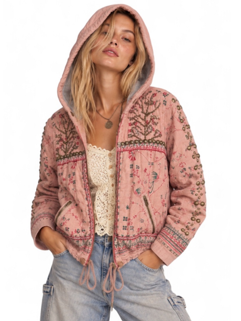 Free People Play My Song Pink Embroidered Studded Quilted Hooded Jacket